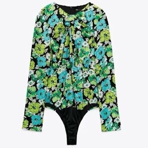Zara blue green floral flower long sleeve cutout pleated bodysuit NWT